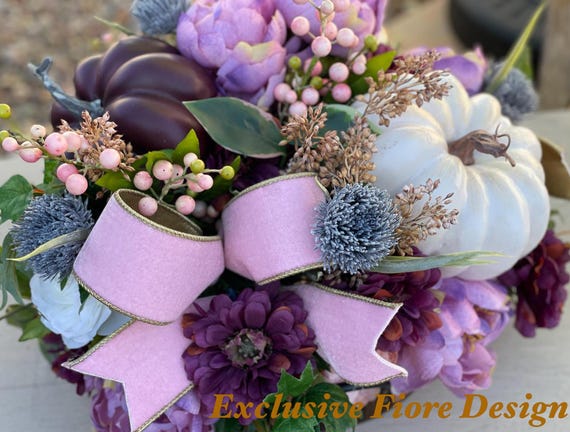 Pink Pumpkin Fall Centerpiece: Peony & Velvet Ribbon Table Decor