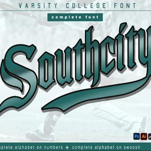 May include: A graphic design font called "Southcity" in a teal green color with a gradient effect. The font is in a varsity style with a bold, blocky, and slightly rounded font style. The text is on a white background with a blurred image of a baseball player in the background.