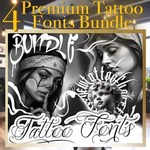 Può includere: Grafica in bianco e nero con il testo "Premium Tattoo Fonts Bundle" e quattro caratteri stilizzati. L'immagine include ritratti di donne e un angelo, con scritte in stile tatuaggio.