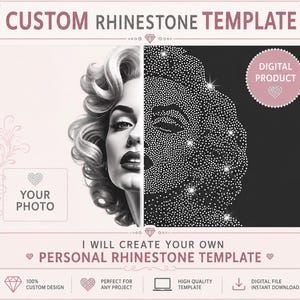 Può includere: Un prodotto digitale per modello di strass personalizzato con un ritratto diviso di una donna con capelli ondulati. Il lato sinistro è una foto in scala di grigi, il destro un motivo di strass. Il testo include CUSTOM RHINESTONE TEMPLATE.