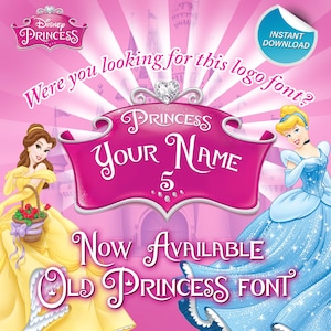 Op de afbeelding: Een roze en paarse prinsessen-thema grafische afbeelding met de tekst "Disney Princess" en "Was je op zoek naar dit logo-lettertype?" De afbeelding bevat ook de tekst "PRINCESS YOUR NAME 5" en "NOW AVAILABLE OLD PRINCESS FONT". De afbeelding toont een cartoon afbeelding van Belle en Assepoester.