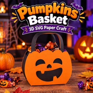Puede incluir: Una cesta de papel naranja y negra con forma de calabaza y asa, llena de caramelos envueltos. Sobre la cesta, el texto Pumpkins Basket 3D SVG Paper Craft aparece en naranja, blanco y morado sobre una pancarta morada.