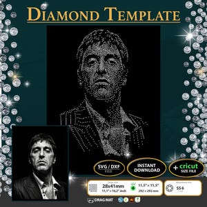 May include: A black diamond template design featuring a portrait of a man, created with small white dots. The image includes the text "DIAMOND TEMPLATE", and size details: 11.1" x 16.2" and 11.5" x 11.5". Includes SVG/DXF file and instant download.