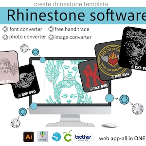 Può includere: Un monitor di computer mostra disegni di strass con la scritta "Rhinestone software". L'immagine include icone per convertitori di font, foto, a mano libera e immagini. Grafici aggiuntivi mostrano disegni di strass e loghi di software.