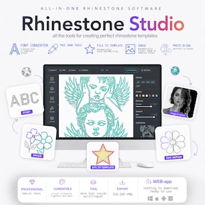 Peut inclure: Interface du logiciel Rhinestone Studio affichée sur un écran d'ordinateur, présentant des outils pour la conversion de polices, le traçage à main levée, la création de modèles SVG, la conversion d'images et le photo bling professionnel.
