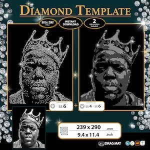 Può includere: Un modello di diamante digitale con due ritratti di un uomo incoronato, resi in stile strass. L'immagine include il testo "DIAMOND TEMPLATE", "SVG/DXF FILE" e "INSTANT DOWNLOAD". Le dimensioni sono 239 x 290 mm.