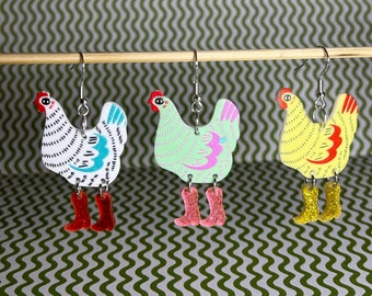 Chicken in Boots Earrings: Whimsical Farm Dangle Jewellery