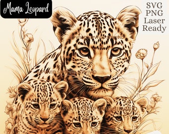 Leopard Mama and Cubs Laser Cut File: CO2 Laser Ready SVG, PNG