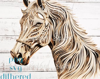 May include: A detailed laser cut design of a horse's head, with intricate patterns and lines throughout the design. The horse is facing to the left, with its mane flowing behind it. The design is in shades of brown and beige, and is set against a white wooden background.