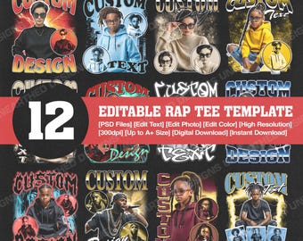 12 Editable Rap Bootleg PSD Template, Custom Rap Tee Template, Custom Text, Custom Photo, Custom Your Own Bootleg, PSD File, Digital Product