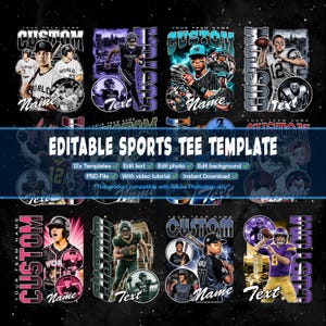 Op de afbeelding: Een digitaal grafisch ontwerpsjabloon met twaalf verschillende sportthema-indelingen voor t-shirts. Elke indeling bevat tijdelijke aanduidingen voor aangepaste teamnamen, spelersnamen en foto's, met gedurfde typografie op een donkere achtergrond.