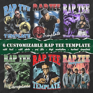 May include: Six customizable rap tee templates featuring different designs with a vintage aesthetic. Each template includes the text "Rap Tee Template" and features a different rapper or group of rappers. The templates are designed for use with Photoshop and can be edited to include custom text and images.