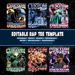 May include: An editable rap tee template featuring six distinct graphic designs with bold metallic lettering, stylized portraits of individuals, and customizable text elements. The layout includes text labels for features like PSD file, video tutorial, and instant download.