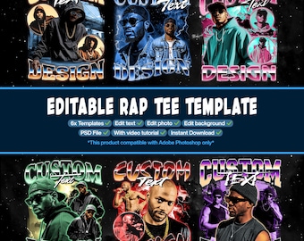 Może przedstawiać: Edytowalny szablon koszulki w stylu rap zawierający sześć różnych projektów graficznych z wyrazistymi metalicznymi napisami, stylizowanymi portretami osób i edytowalnymi elementami tekstowymi oraz etykietami dla plików PSD i samouczków wideo.