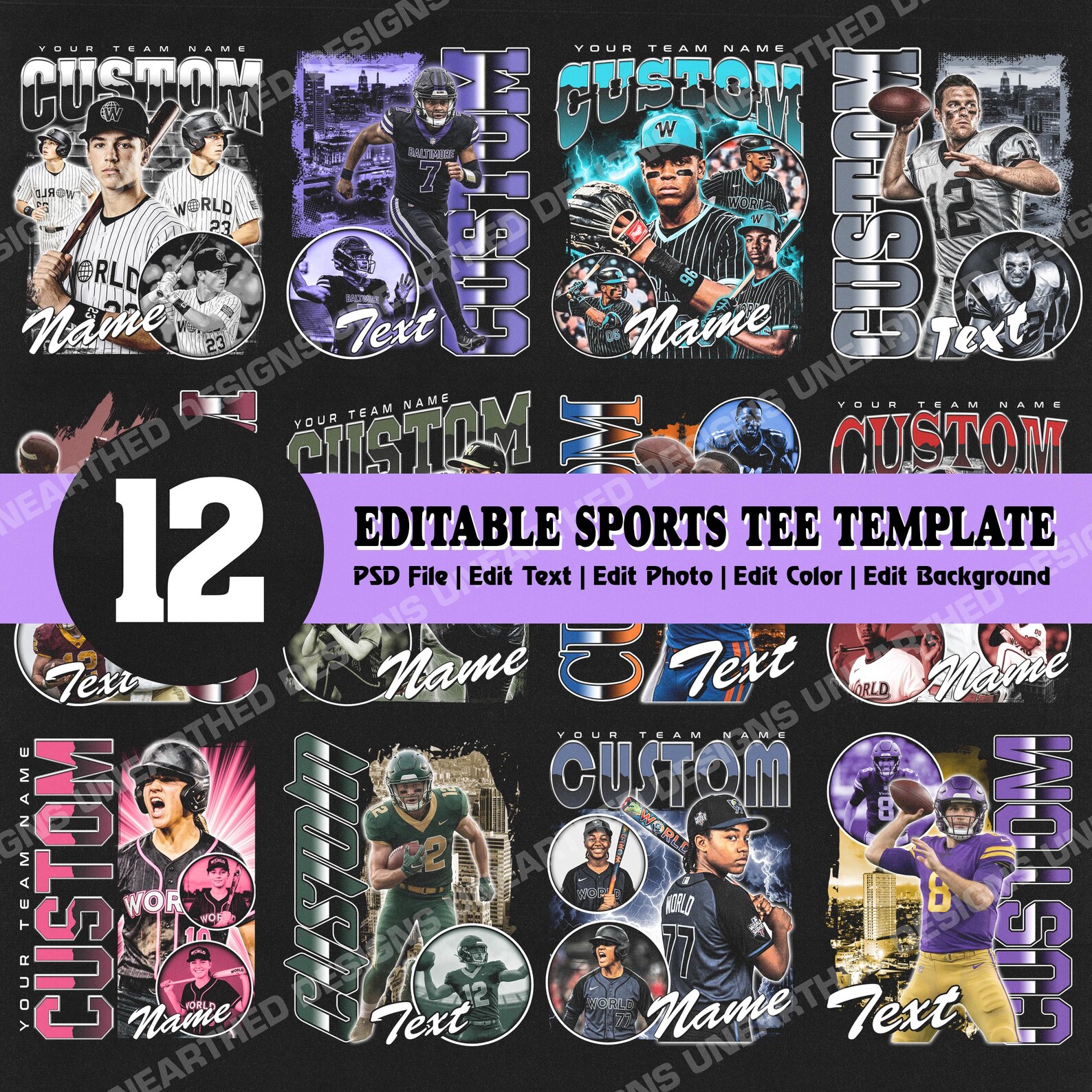 12 Editable Sports Tee PSD Template, Baseball Tee Template, Football ...