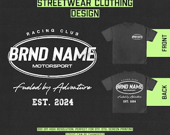 May include: Black t-shirt design featuring a white oval logo with the text "BRND NAME MOTORSPORT" and the words "Racing Club" and "Fueled by Adventure" in white text. The text "EST. 2024" is also included in white text.