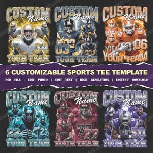 Op de afbeelding: Zes aanpasbare sport-t-shirt sjablonen met American football spelers in verschillende teamkleuren. Elk ontwerp bevat ruimte voor een aangepaste naam, teamnummer en de tekst "YOUR TEAM". Hoge resolutie sjablonen direct te downloaden.