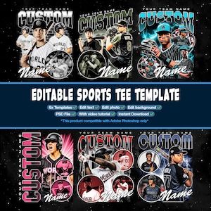 May include: A digital graphic design set featuring six editable sports tee templates for baseball players. Each layout includes bold custom text, circular photo frames, and dynamic athletic imagery. The templates are compatible with Adobe Photoshop.