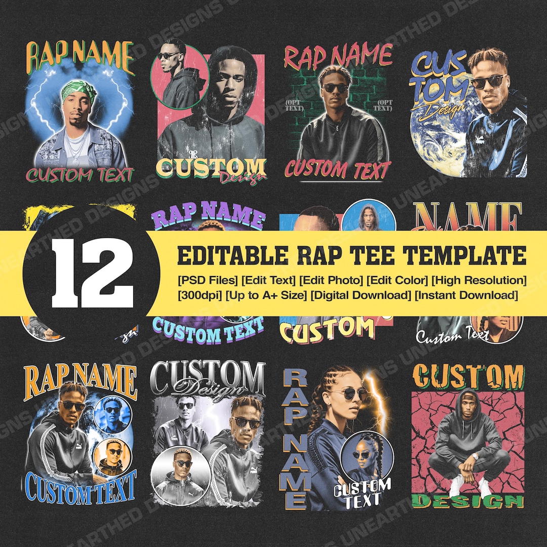 12 Editable Rap Bootleg PSD Template, Custom Rap Tee Template, Custom ...