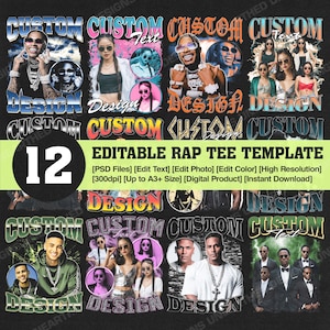 12 Editable Custom Rap Tee Template, Rap Bootleg PSD Template, Custom Text, Custom Photo, Custom Your Own Bootleg, PSD File, Digital Product