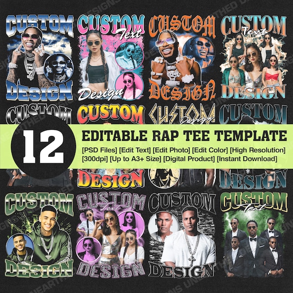 12 Editable Custom Rap Tee Template, Rap Bootleg PSD Template, Custom Text, Custom Photo, Custom Your Own Bootleg, PSD File, Digital Product