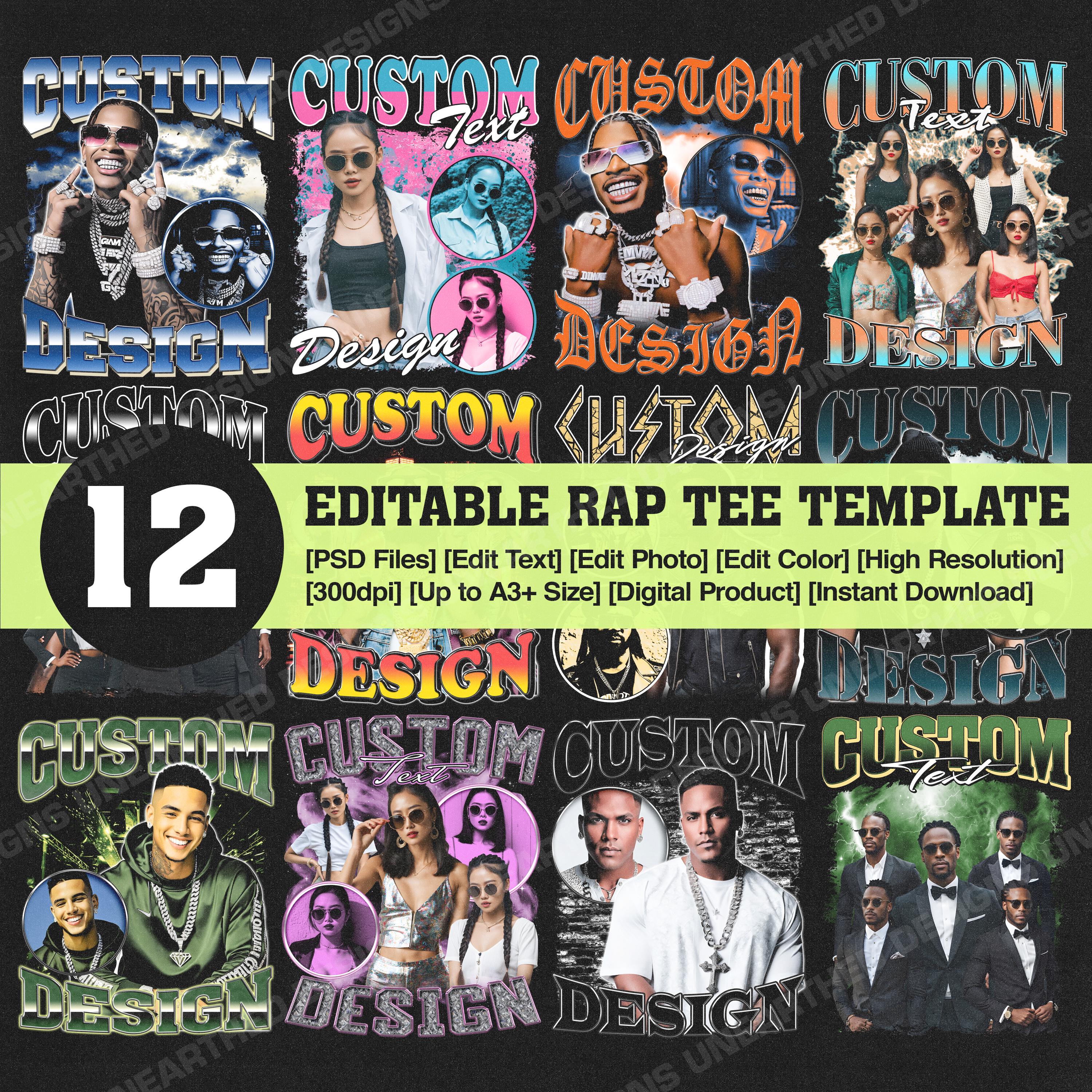 12 Editable Custom Rap Tee Template, Rap Bootleg PSD Template, Custom Text, Custom Photo, Custom Your Own Bootleg, PSD File, Digital Product