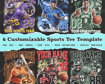 May include: A digital template featuring six customizable sports designs for t-shirts, including football, baseball, and basketball themes with placeholders for names and numbers. The graphic includes the text 6 Customizable Sports Tee Template.