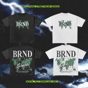 May include: Two black and white t-shirts with a green world map graphic and the text "BRND Since 98" on the back. The text "BRND" is also on the front of the shirts.