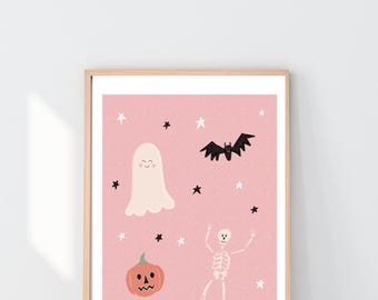 Halloween Nursery Print | Pink Ghost, Bat, Skeleton Wall Art