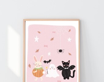 Pink Pumpkin Parade Print: Whimsical Halloween Nursery Art
