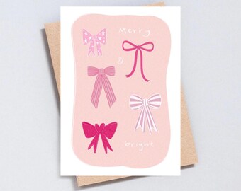 Merry & Bright Christmas Card | Cute Pink Bows