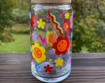 Groovy Smiley Tumbler, Bright Retro Cup, 16 oz, Personalized, Handmade