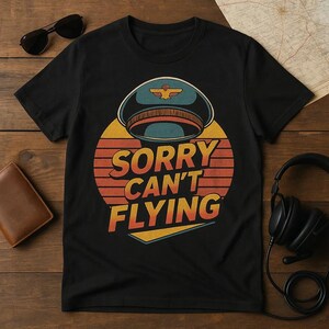 SORRY CANT FLYING Retro Vintage 80s T-Shirt, Pilot Themed Shirt for Aviation Lovers, Funny Airplane Gift for Men and Women