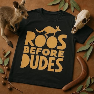 ROOS BEFORE DUDES Minimalist Geometric T-Shirt, Funny Kangaroo Shirt, Gifts for a Kangaroo Lover, Australian Animal Tee, Cute Novelty Shirt