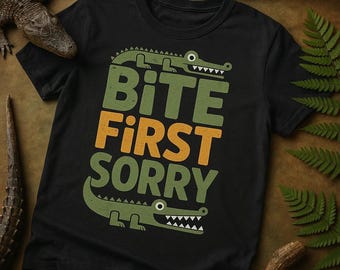BITE FIRST SORRY Bold Crocodile T-Shirt, Funny Animal Tee, Perfect Gift for Reptile Lovers, Men Women Kids, Retro Style Shirt