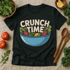 CRUNCH TIME Cartoon Pop Salad T-Shirt, Funny Graphic Tee for Veggie Lovers, Vegan Gift Idea, Healthy Foodie Apparel, Classic Fit