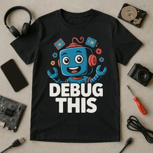 DEBUG THIS Cartoon Pop T-Shirt, Unisex Tech Humor Tee, Programmer Gift, Geeky Robot Shirt, Nerdy Engineering Present, Dad Gifts