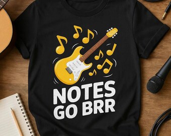 NOTES GO BRR Cartoon Pop Musician T-Shirt, Funny Guitarist Tee for Men and Women, Music Lovers Gift, Jazz Band Shirt, Birthday Present