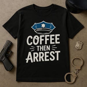 COFFEE THEN ARREST Hand-Drawn Police Officer T-Shirt, Unisex Tee, Funny Cop Gift, Law Enforcement Shirt, Perfect for Officers