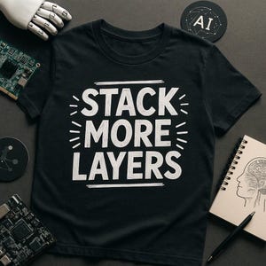 May include: Black t-shirt with the white text "STACK MORE LAYERS". The shirt is surrounded by tech-related items, including a circuit board, a notebook with a brain sketch, and a coaster with "AI" on it. The overall theme is technology and coding.