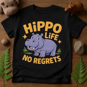 HIPPO LIFE NO Regrets Cartoon Pop T-Shirt, Funny Hippo Shirt for Women, Men, Kids, Animal Lover Gift, Cute Zoo Graphic Tee, Birthday Present