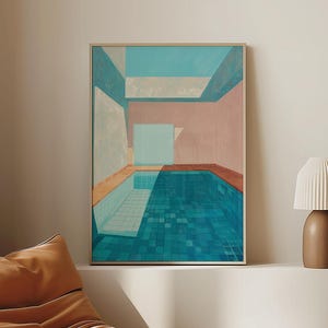 Swimming Pool Wall Art, Pastel Pink and Blue Print, Retro Summer Decor, Pool Painting, Beach House Wall Decor, Coastal Living Artwork