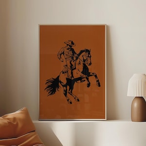Stampa di cavallo da cowboy, bronco imbizzarrito, arte murale western, poster di azione di rodeo, arredamento rustico da ranch, estetica boho moderna, arte country eclettica