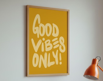 Good Vibes Only Typography Art Print, Yellow Motivational Wall Decor