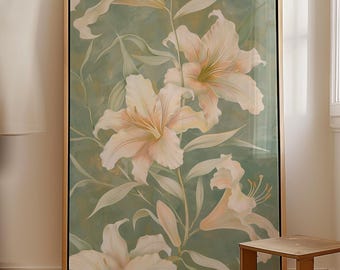 Sage Green Lily Art Print, Vintage Botanical Wall Art, Cream Lily Flower Painting, Neutral Floral Poster, Unframed Print
