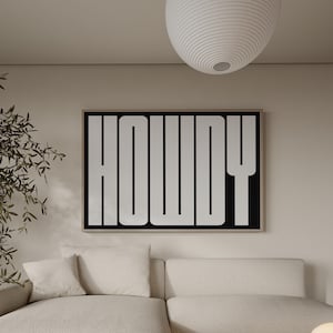Stampa artistica tipografica Howdy, arte murale minimalista occidentale, poster da cowboy moderno, arredamento rustico per la casa del sud, estetica country alla moda