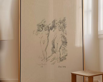 Vintage Pencil Sketch, Nude Lithograph Print, 1904 Antique Figure Drawing, Neutral Wall Art