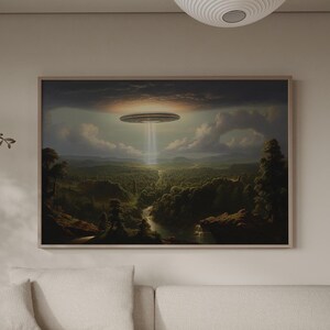 UFO Classical Landscape Oil Painting Wall Art, Retro Surrealist Flying Saucer Print, Mystical Alien Decor, Vintage Sci-Fi Art, Unique Gift