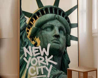 New York City Poster, Statue of Liberty Wall Art, Graffiti Typography Print, NYC Travel Poster, Street Art Decor