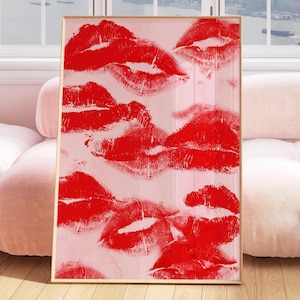 Póster de beso de lápiz labial, arte de pared de amor rojo, rosa y blanco, impresión de arte retro funky de los años 70, vibraciones de fiesta de verano divertidas y modernas del año 2000, decoración estética femenina